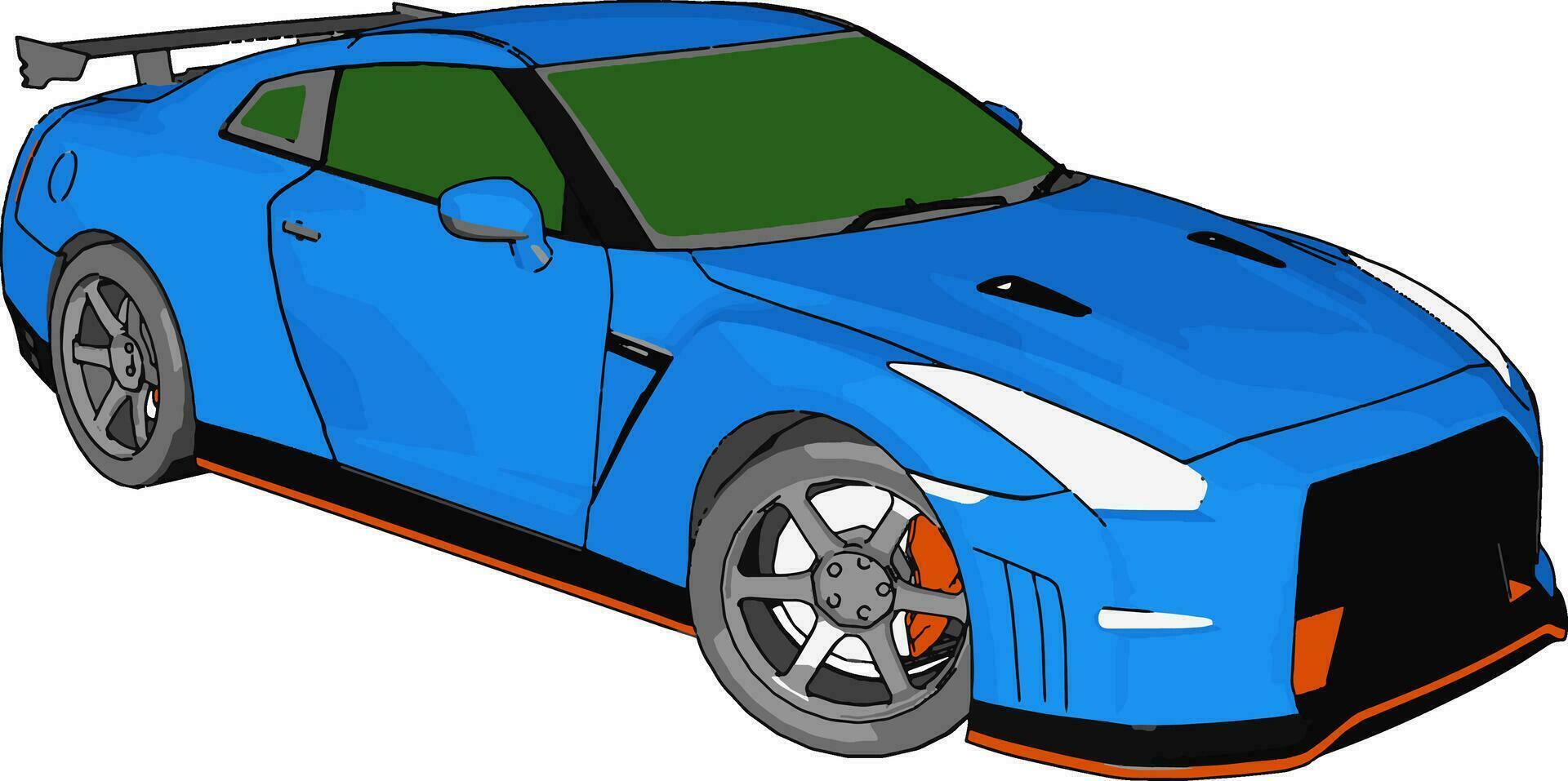 Blue race car with green windows and orange detailes and grey rear spoiler vector illustration on white background