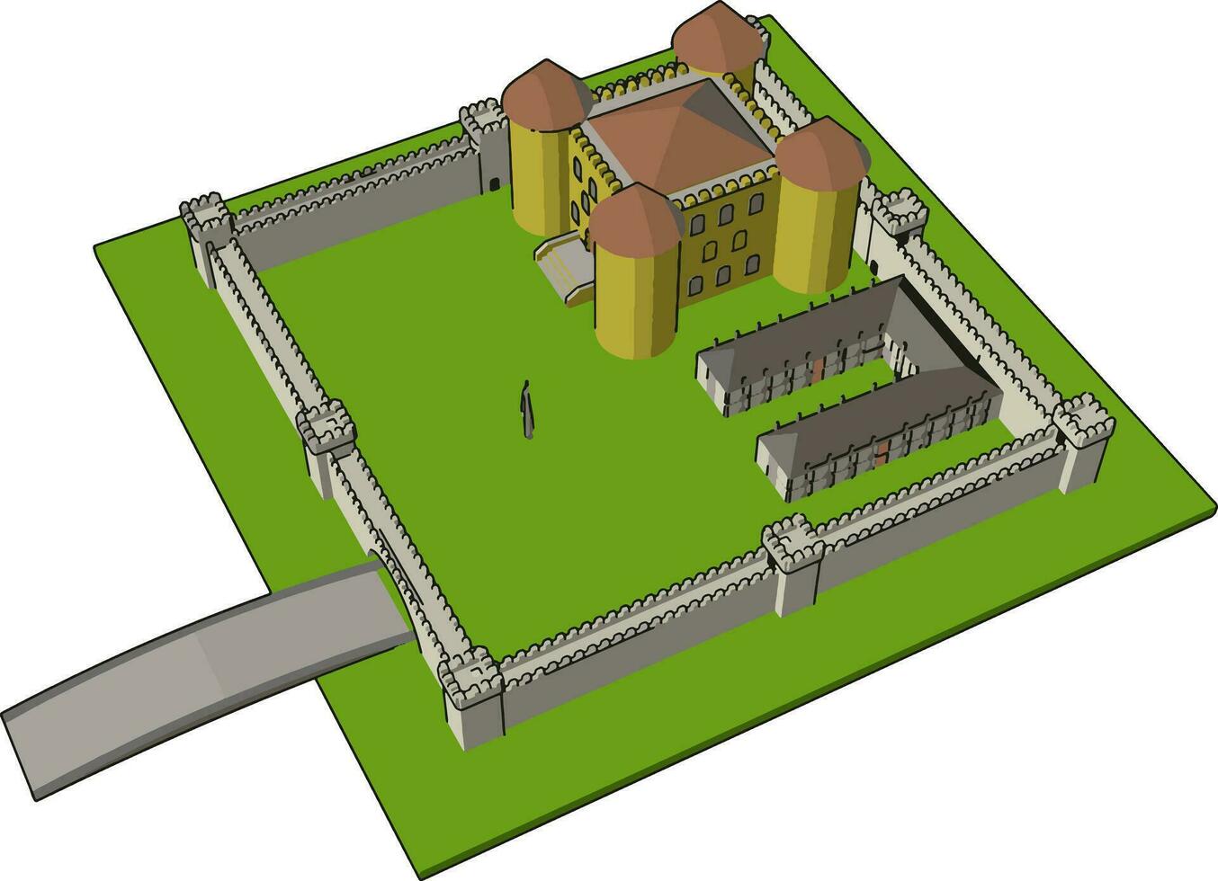 medieval castillo con fortificado pared y torres y arena puente vector ilustración en blanco antecedentes