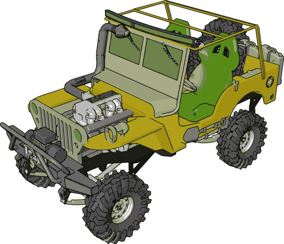 Green and yellow sand buggy with grey tiers vector illustration on white background