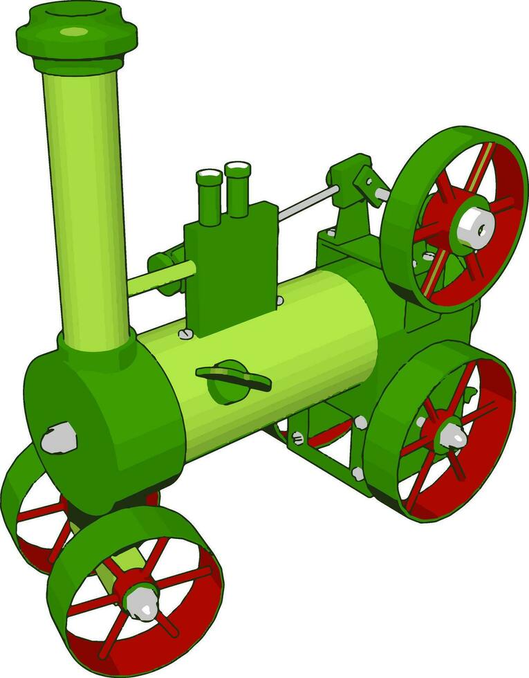 3D vector illustration of green steam engine machine on white background