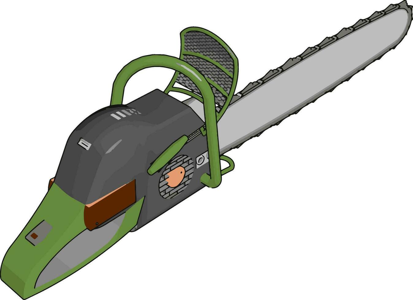 3D vector illustration of a grey and green chain saw white background