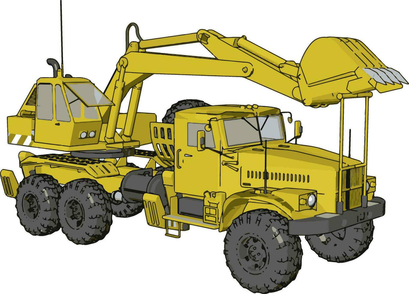 3D vector illustration of yellow big excavator machine on white background