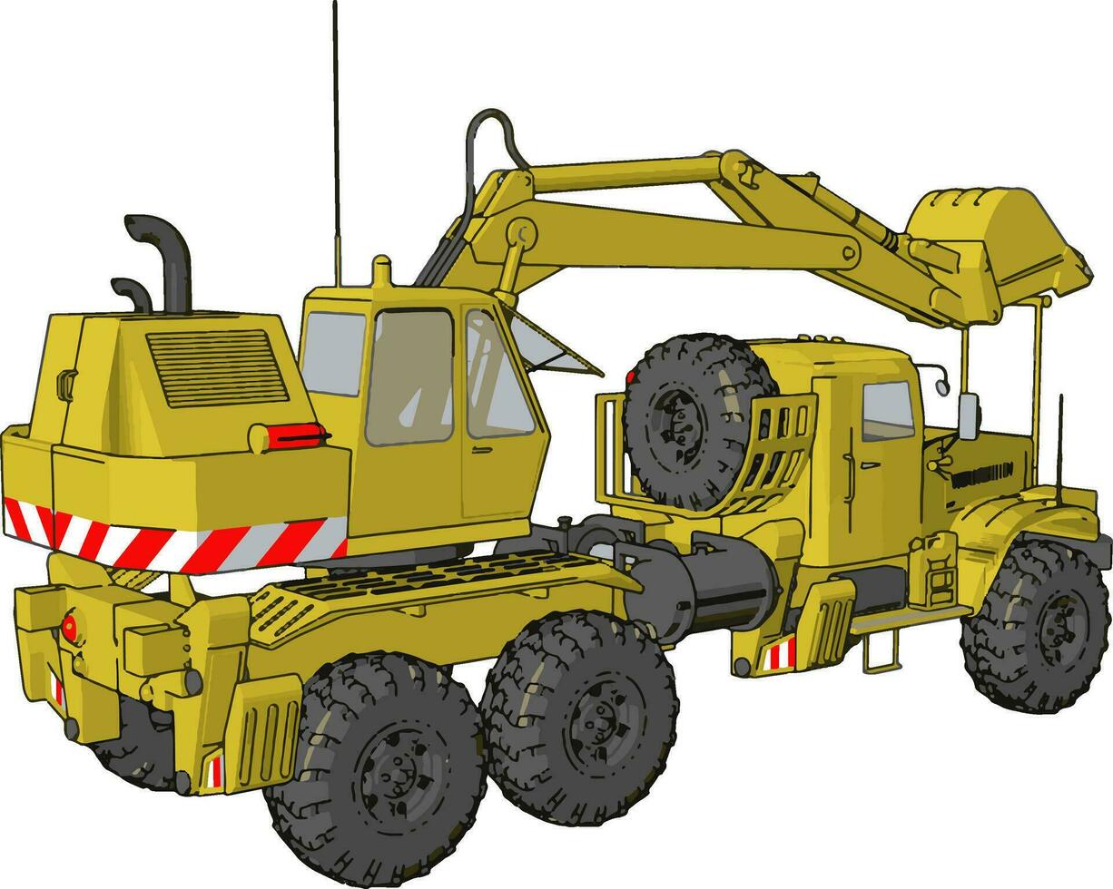 3D vector illustration of yellow big excavator machine on white background