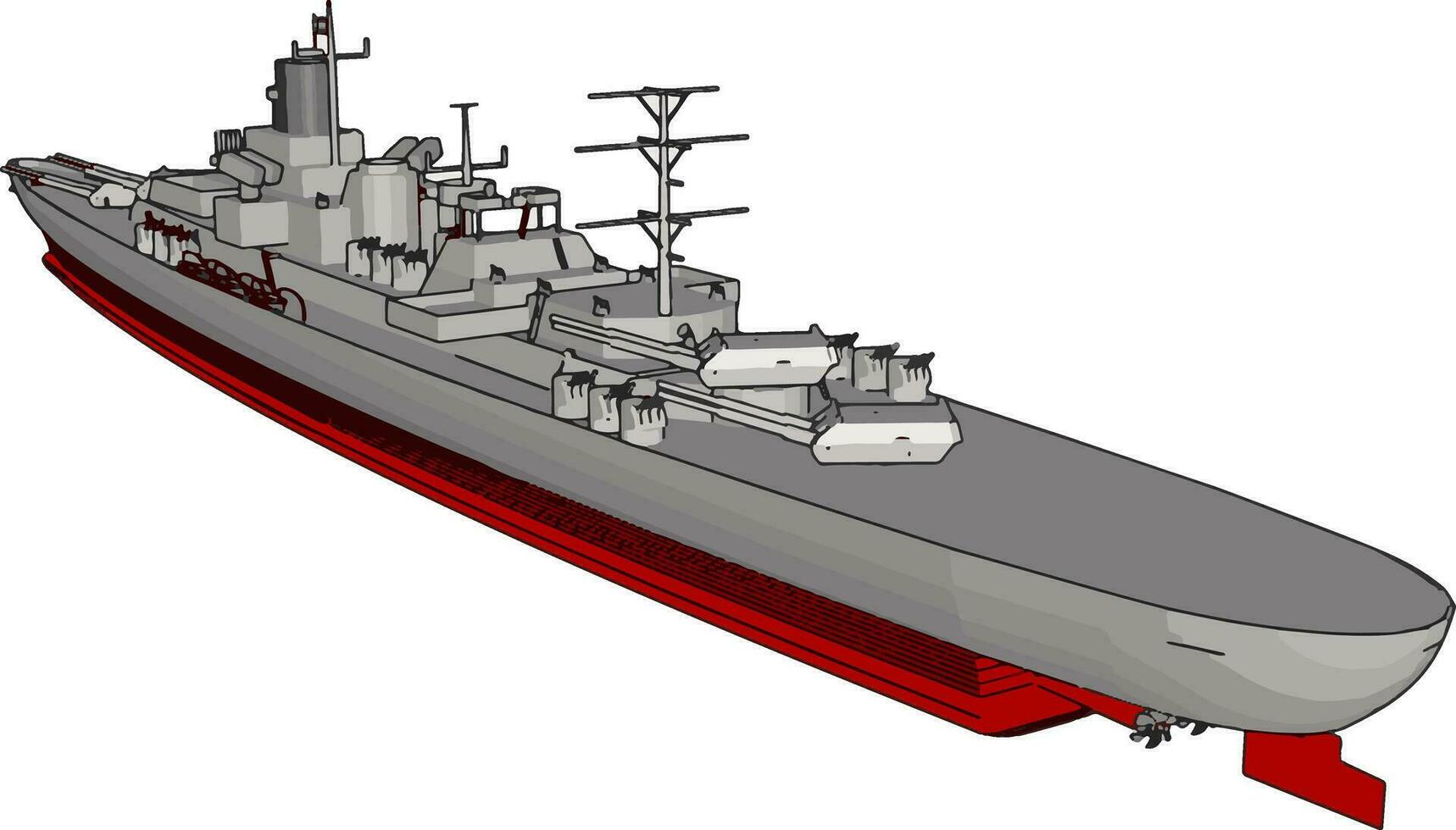 3d vector ilustración de un largo rojo y gris militar guerra Embarcacion en un blanco antecedentes