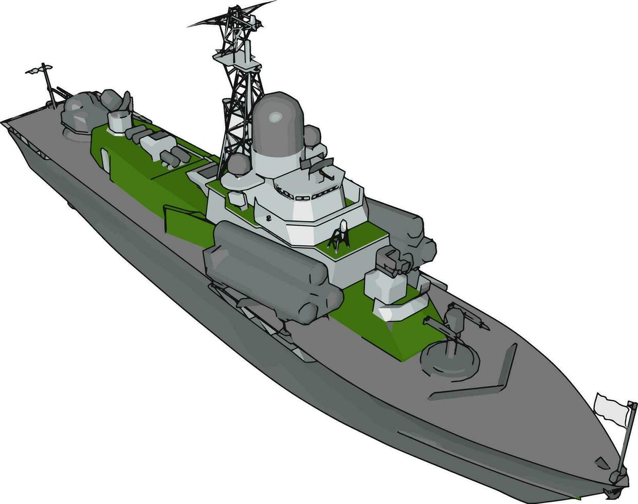 3D vector illustration on white background of a  green and grey military boat