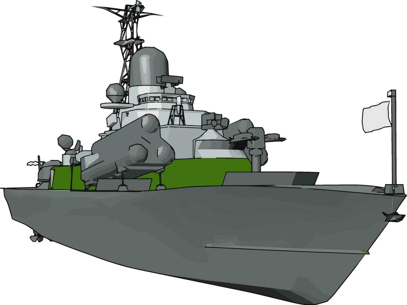 3D vector illustration on white background of a  green and grey military boat