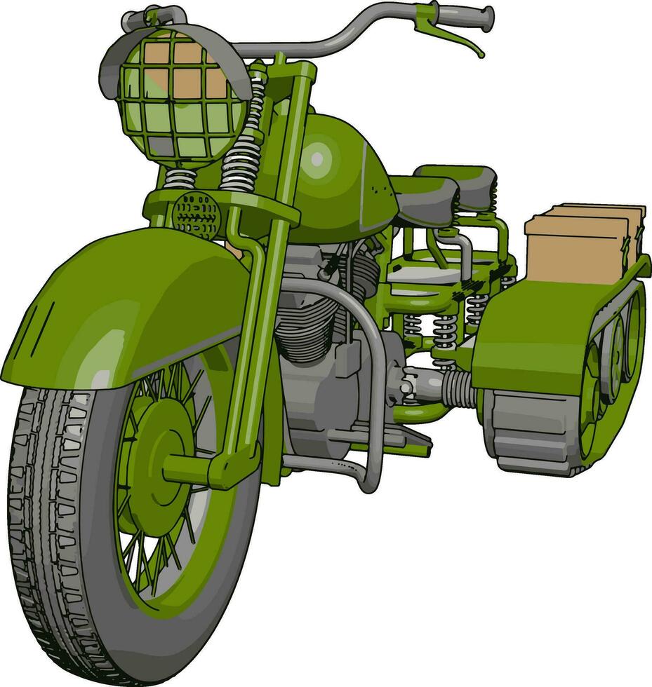 3D vector illustration on white background  of a military motorcycle with caterpillar tracks