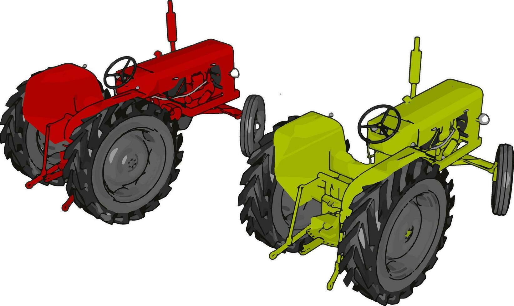 Green and red tractors vector illustration on white background