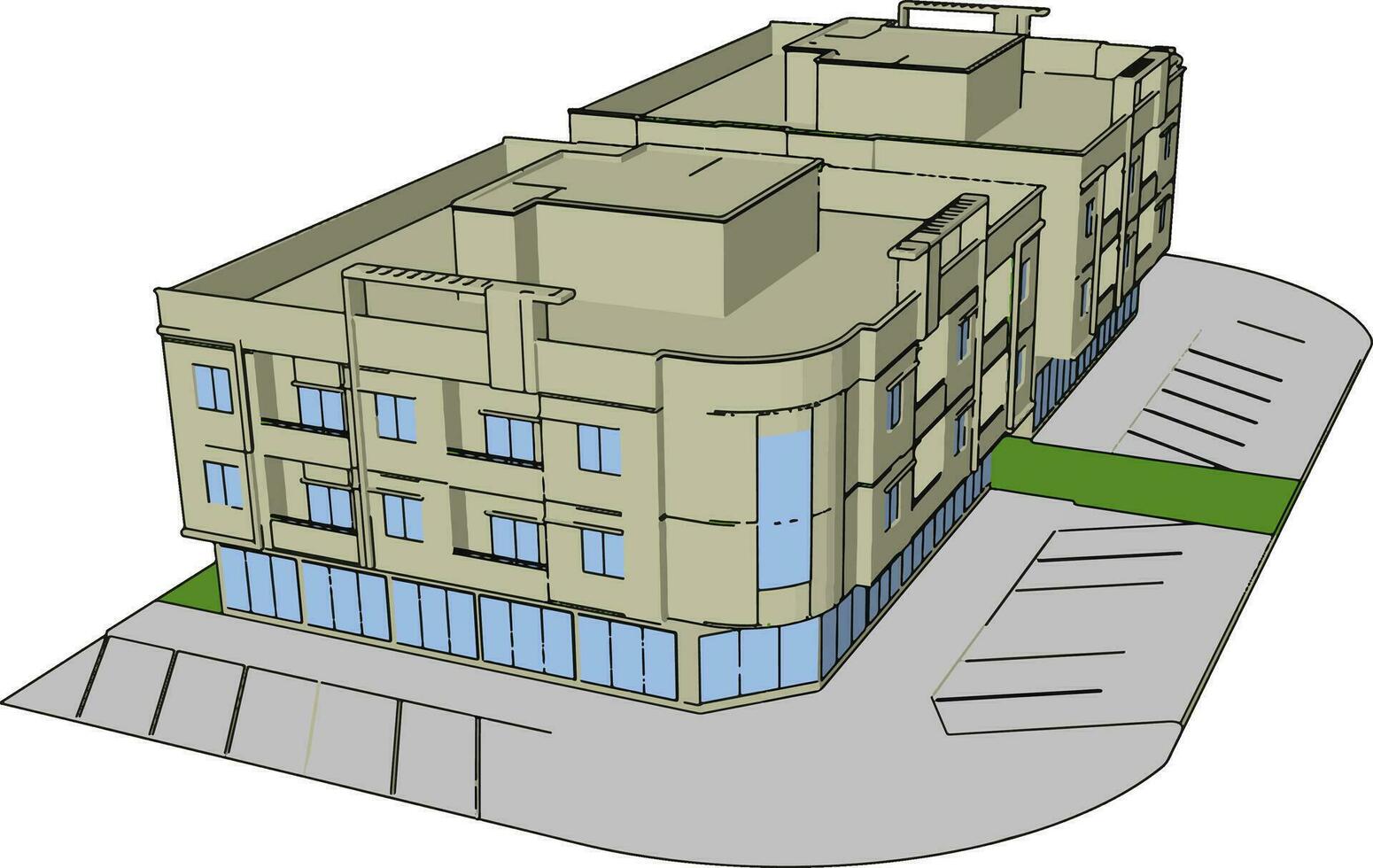 Complex building, illustration, vector on white background.