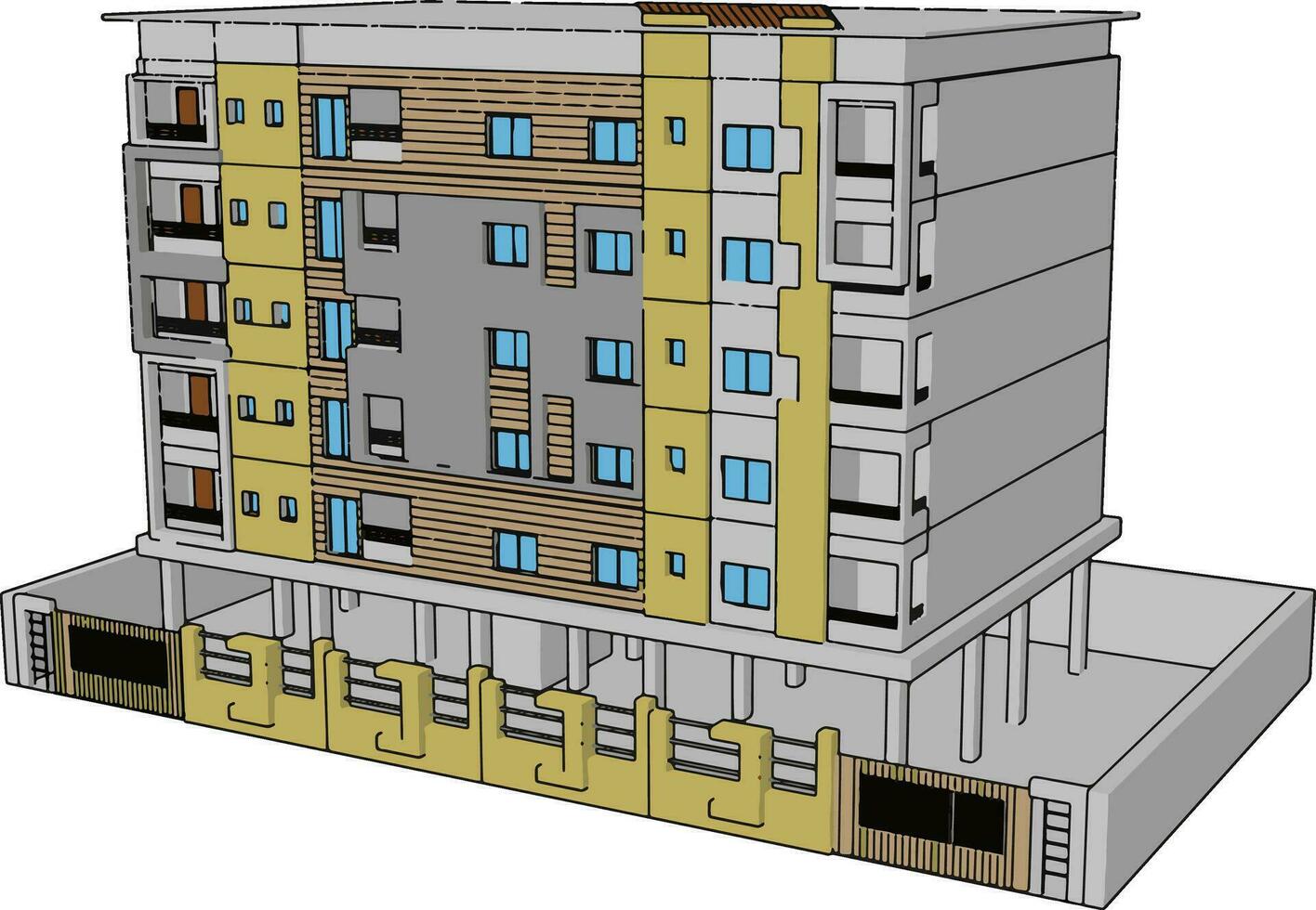 Yellow residential building, illustration, vector on white background.