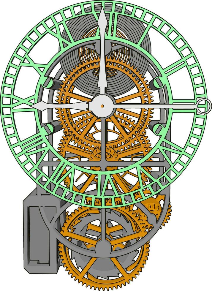 Clock mechanism, illustration, vector on white background.