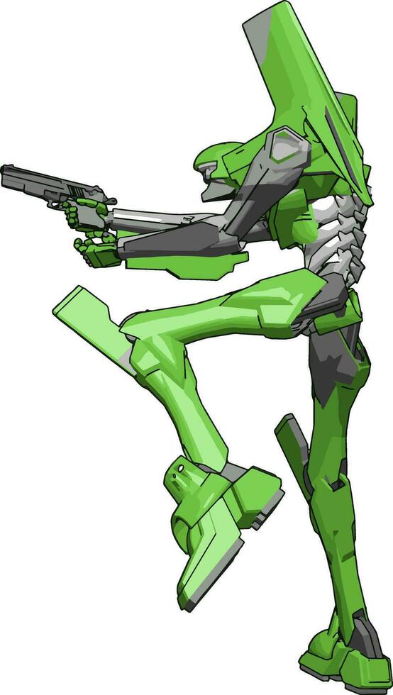 Robot verde con pistola, ilustración, vector sobre fondo blanco.