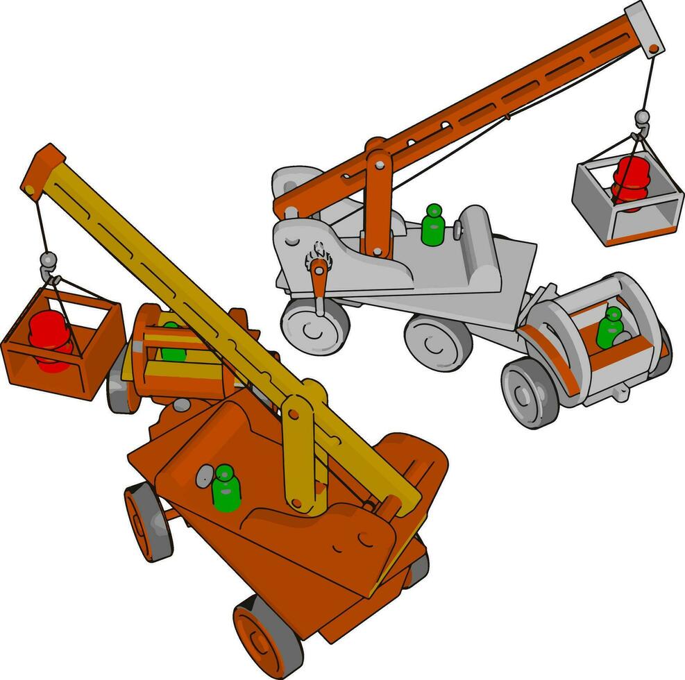 Red and white construction vehicles toy, illustration, vector on white background., illustration, vector on white background.