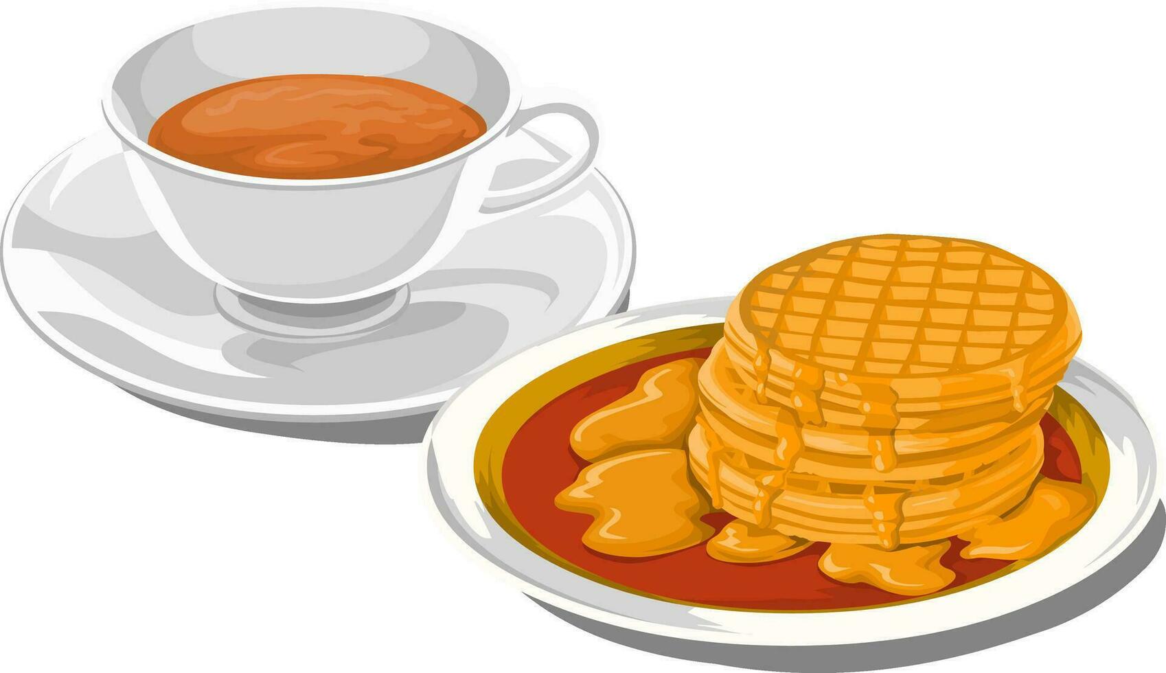 Vector of teacup with pancakes for breakfast.