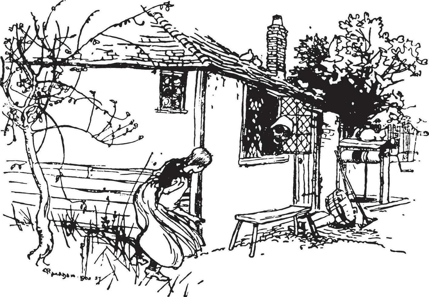 At last she came to a little house, out of which an old woman was looking, vintage engraving. vector