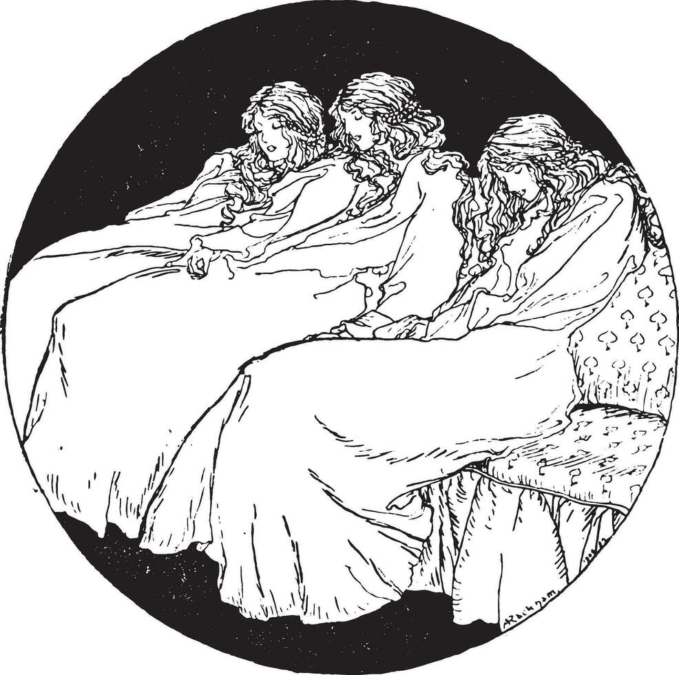 The three sleeping princess, vintage engraving. vector