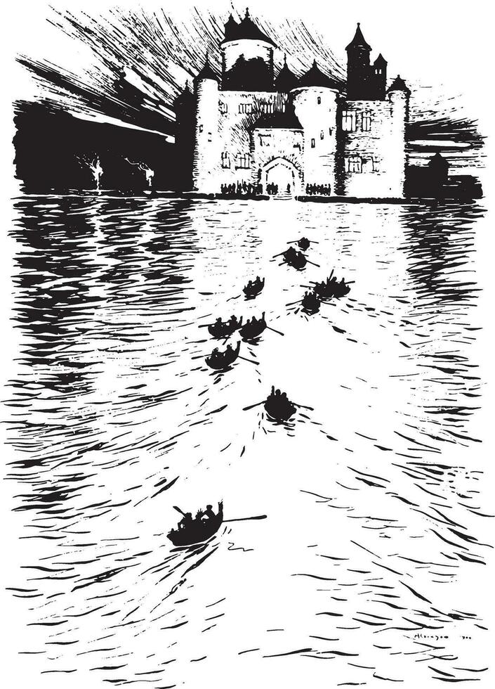 On the opposite side of the lake stood a splendid brightly-lighted castle, vintage engraving. vector
