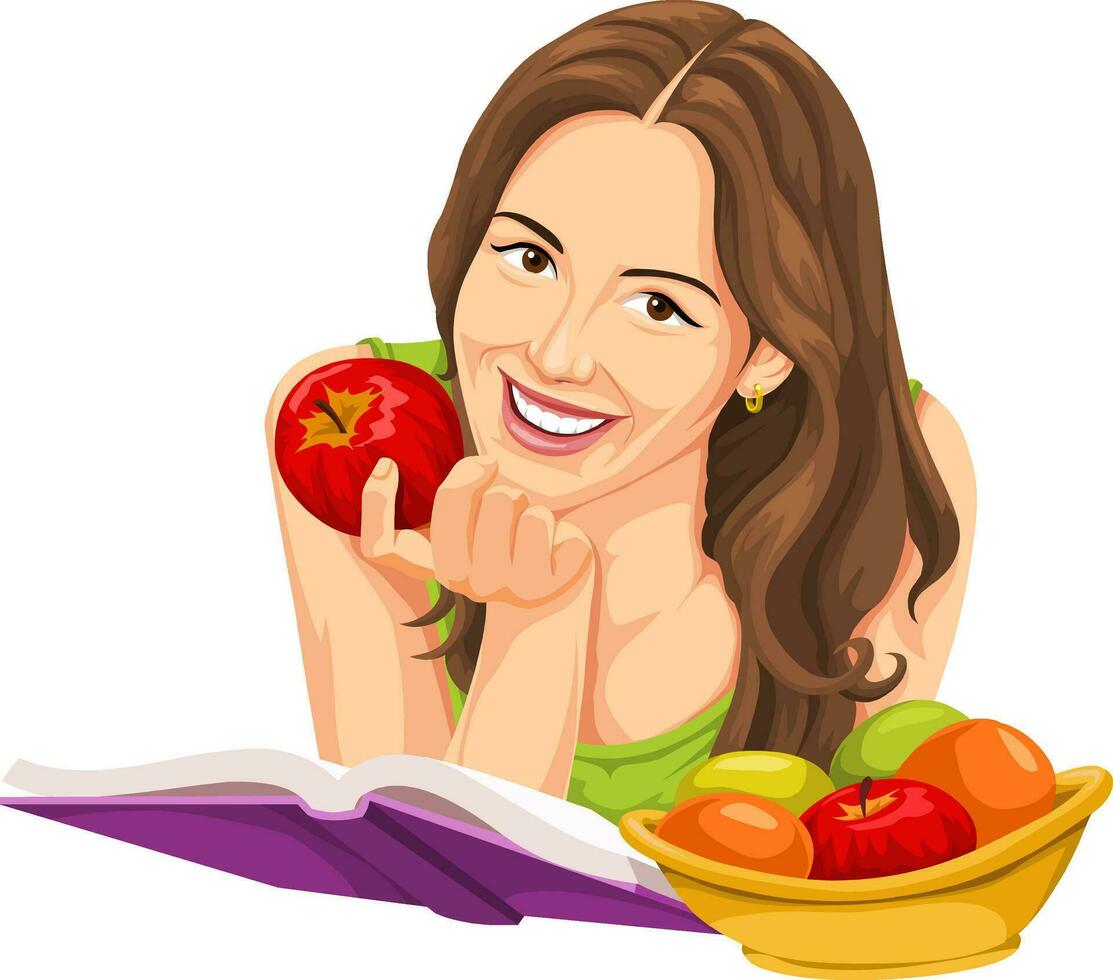 Vector of woman holding apple and reading a book.