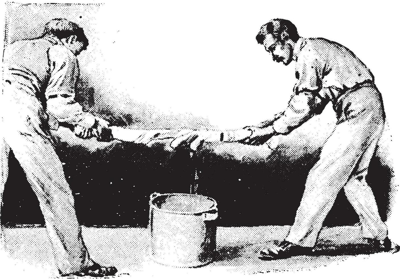 Method of wringing blanket from boiling water by keeping ends dry, vintage engraving. vector