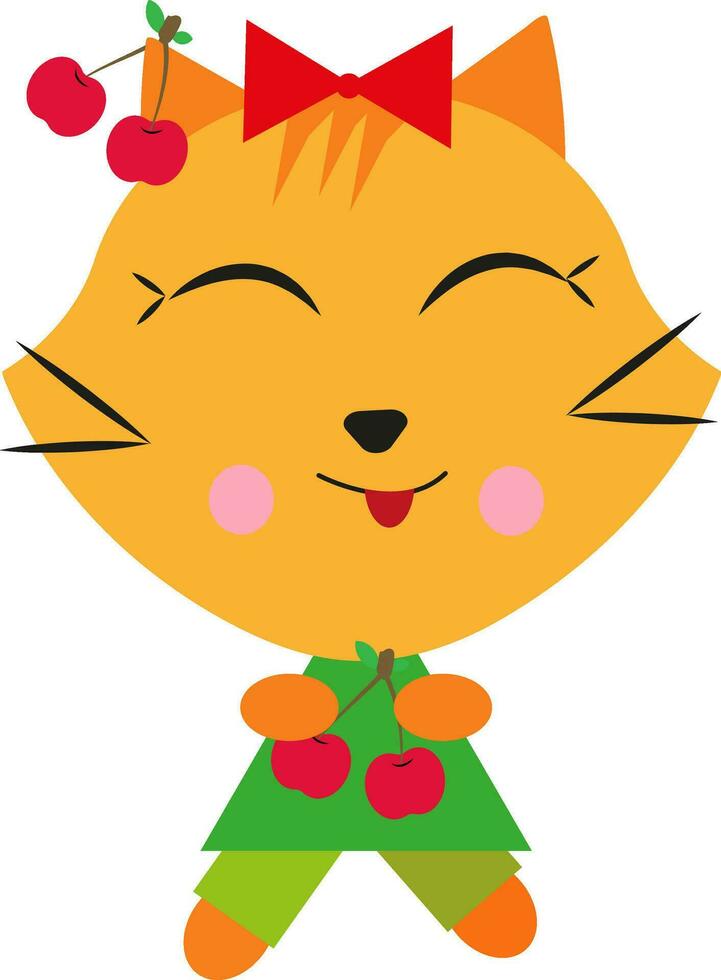 Kitty con cerezas, icono, vector sobre fondo blanco.