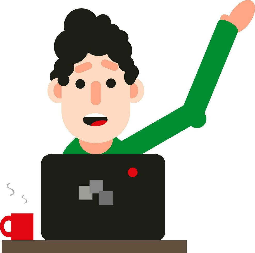 Man in front of a computer yells, icon, vector on white background.