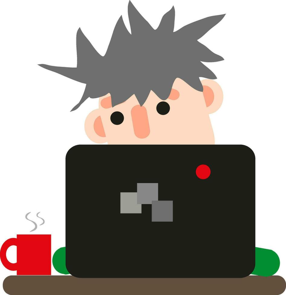 Man in front of a computer working, icon, vector on white background.
