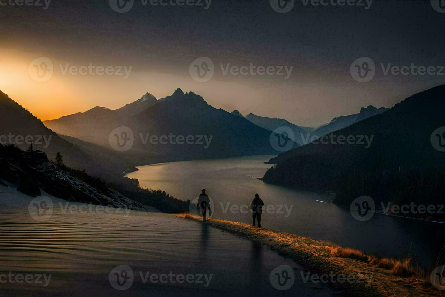 two people walking along a path in front of a mountain lake. AI-Generated photo