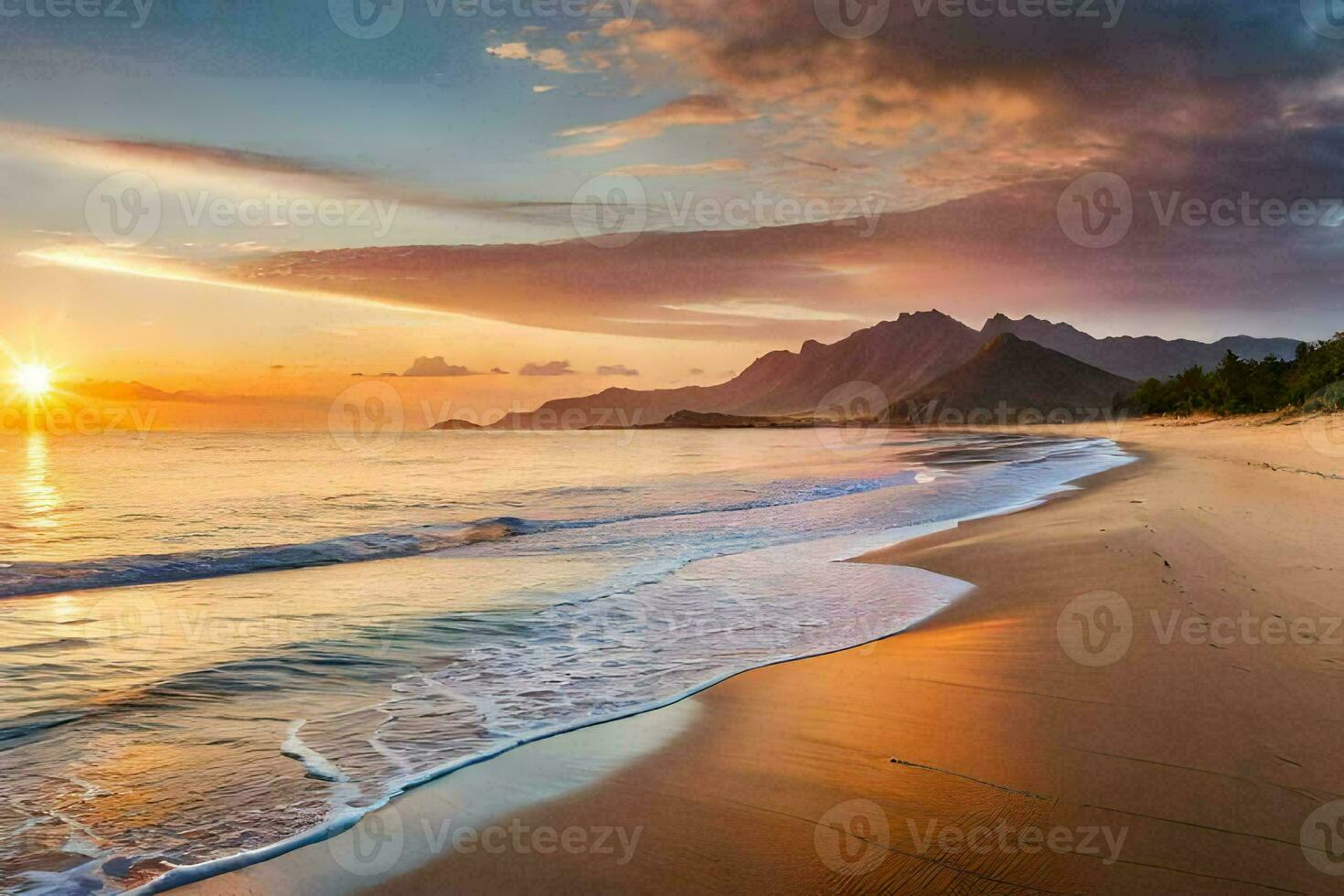 the sun sets on the beach in the background. AI-Generated photo