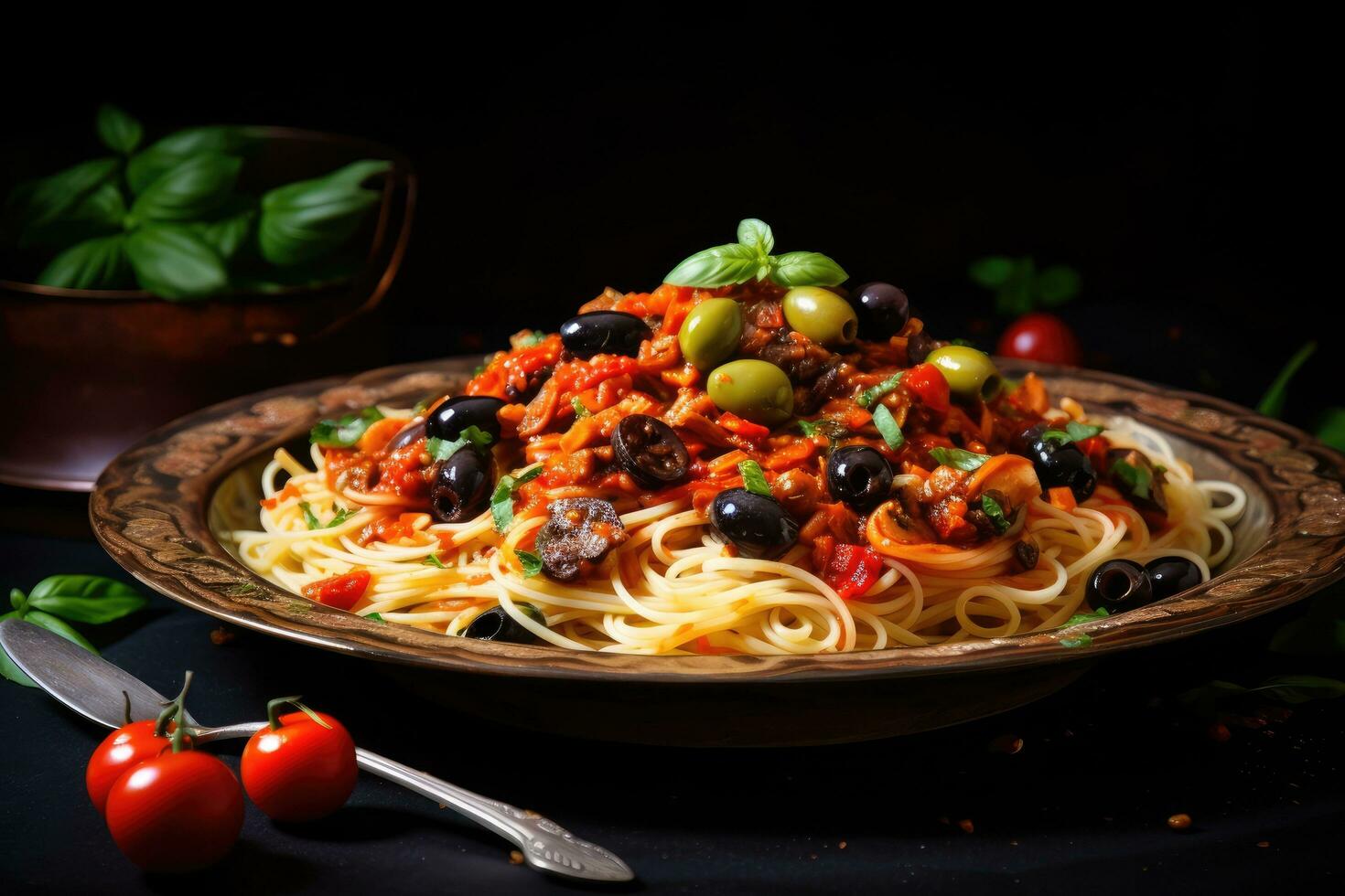 spaghetti with tomato sauce, olives and basil on a black background, Spaghetti alla puttanesca - italian pasta dish with tomatoes, black olives, capers, anchovies and basil, AI Generated photo