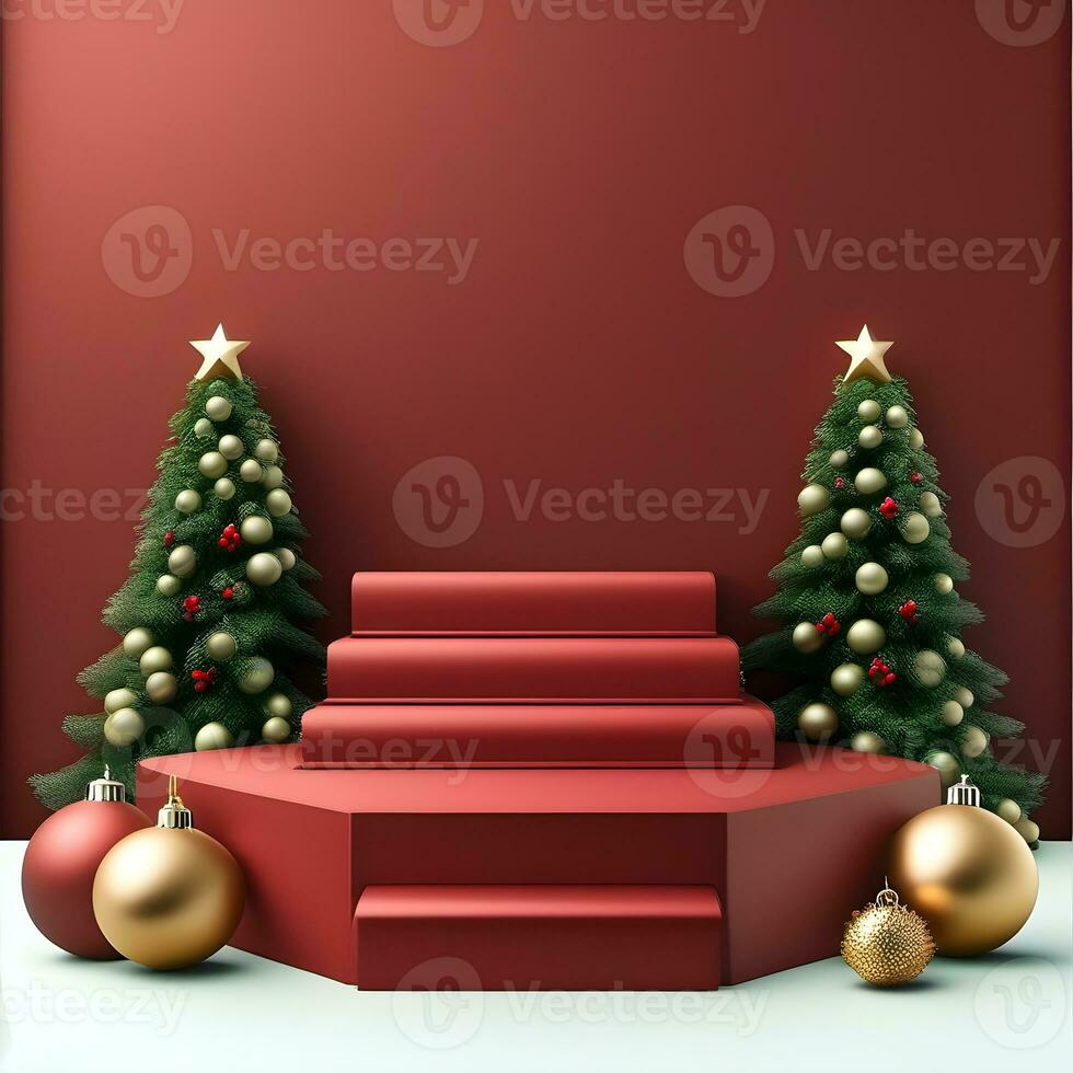 christmas-red-texture-and-podium-on-and-golden-balls-green-tree-golden-podium-three--small-podium on december photo