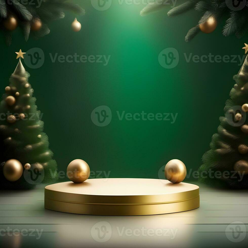 christmas-red-texture-and-podium-on-and-golden-balls-green-tree-golden-podium-three--small-podium on december photo