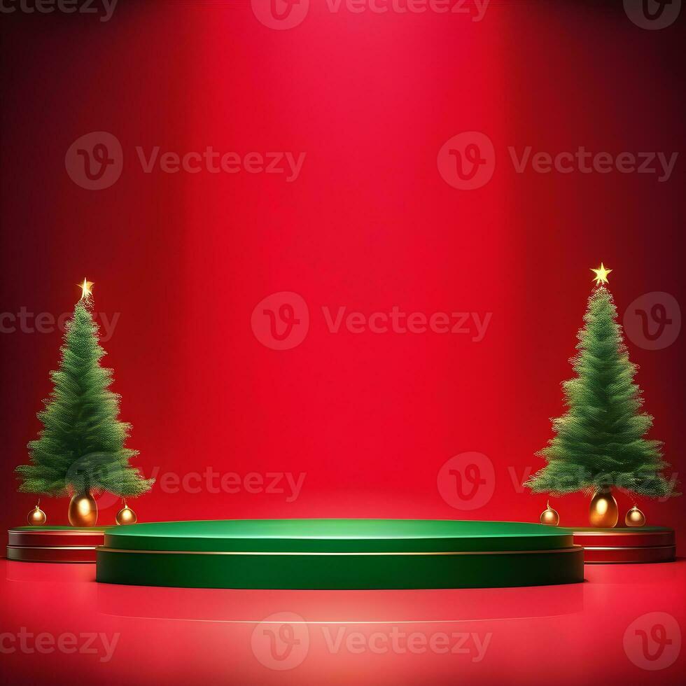 christmas-red-texture-and-podium-on-and-golden-balls-green-tree-golden-podium-three--small-podium on december photo