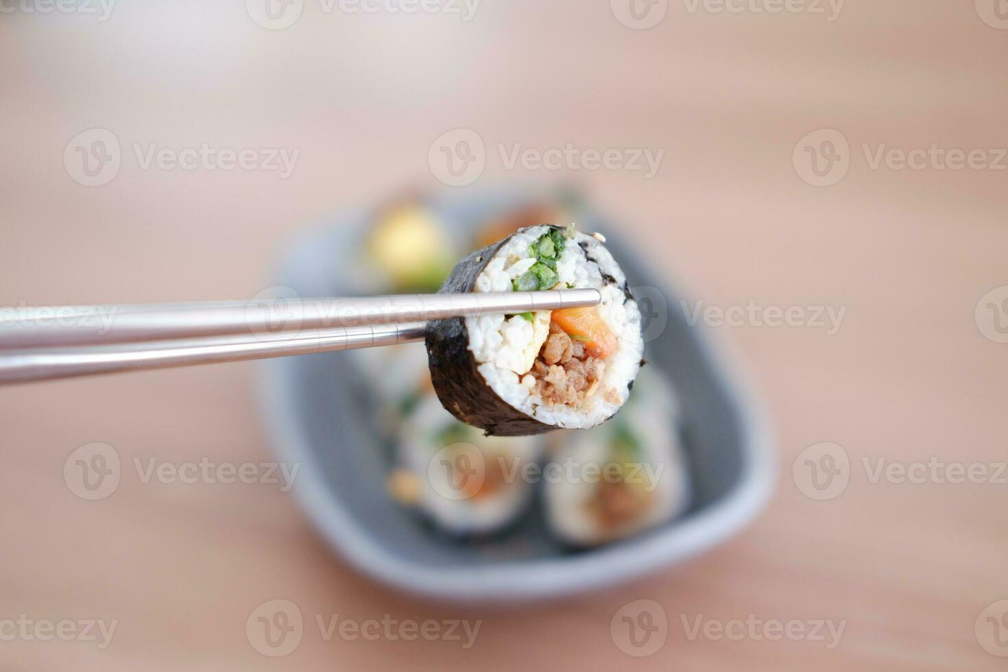 Sushi roll japanese food style on wooden table background. photo