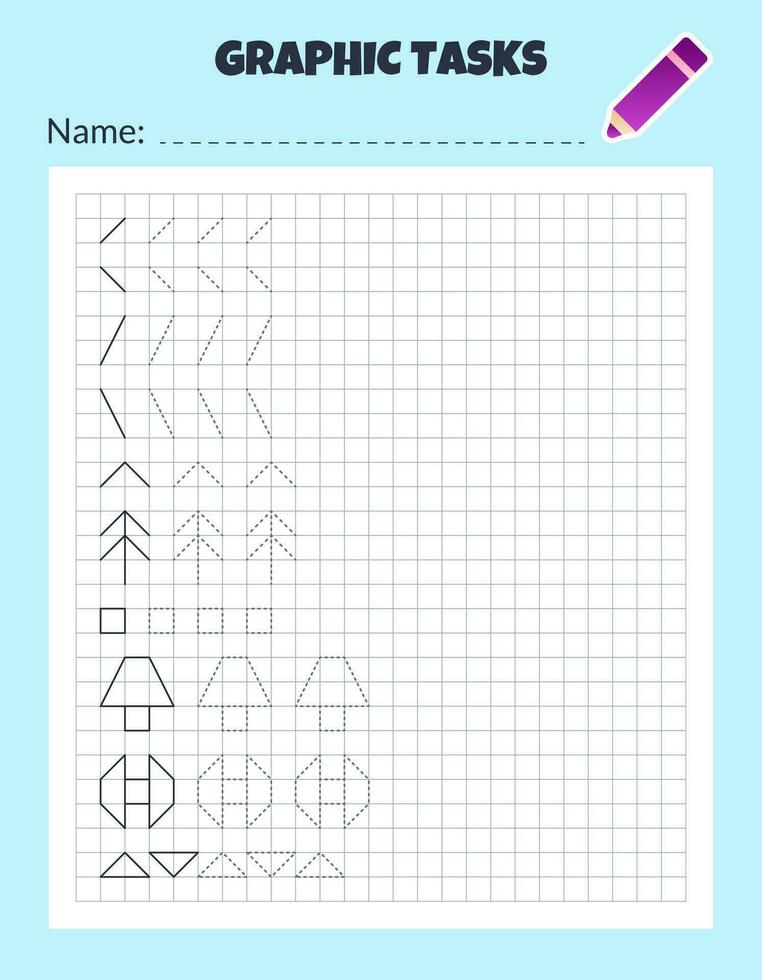 Drawing by cells. Educational game for preschool children. Worksheets for practicing logic and motor skills. Game for kids. Graphic tasks with different objects and elements. Vector illustration