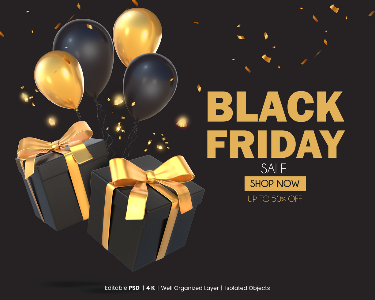 Black Friday Sale Template With 3D Rendering Black And Golden Gifts With Balloons psd