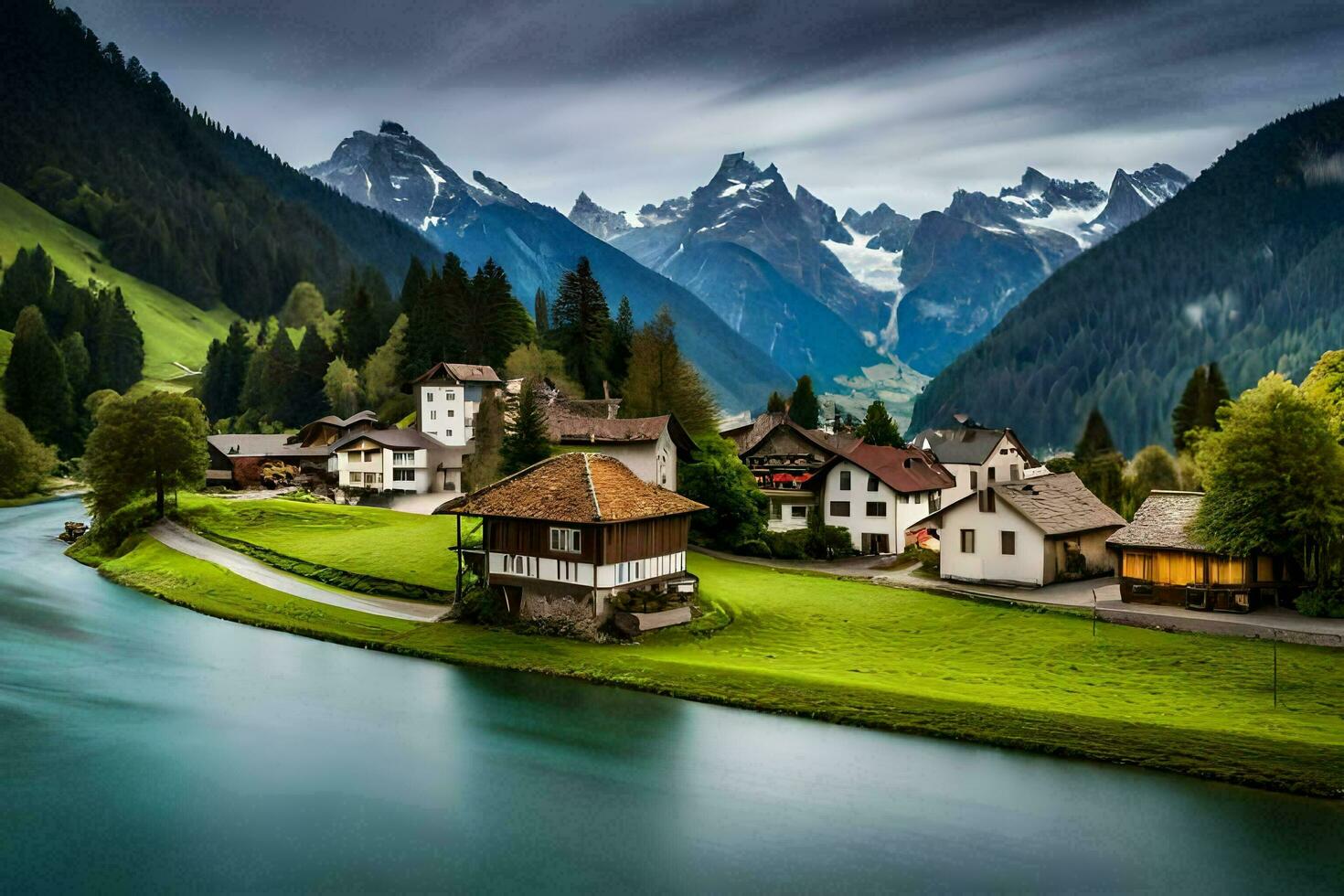 a river runs through a green valley with houses and mountains in the background. AI-Generated photo