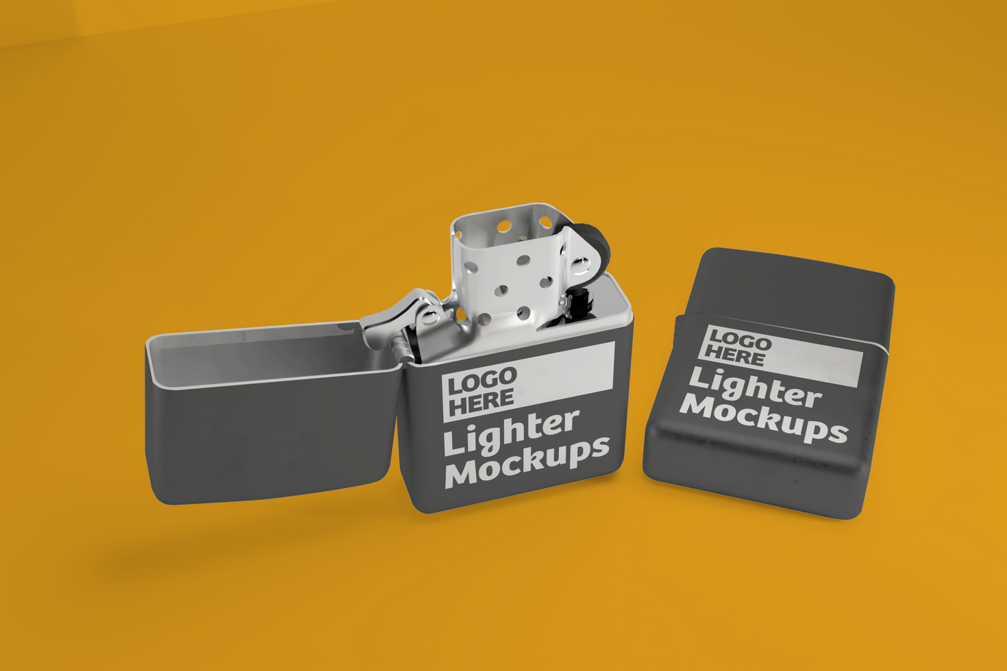 Stainless steel lighter, opened and closed mockup design psd