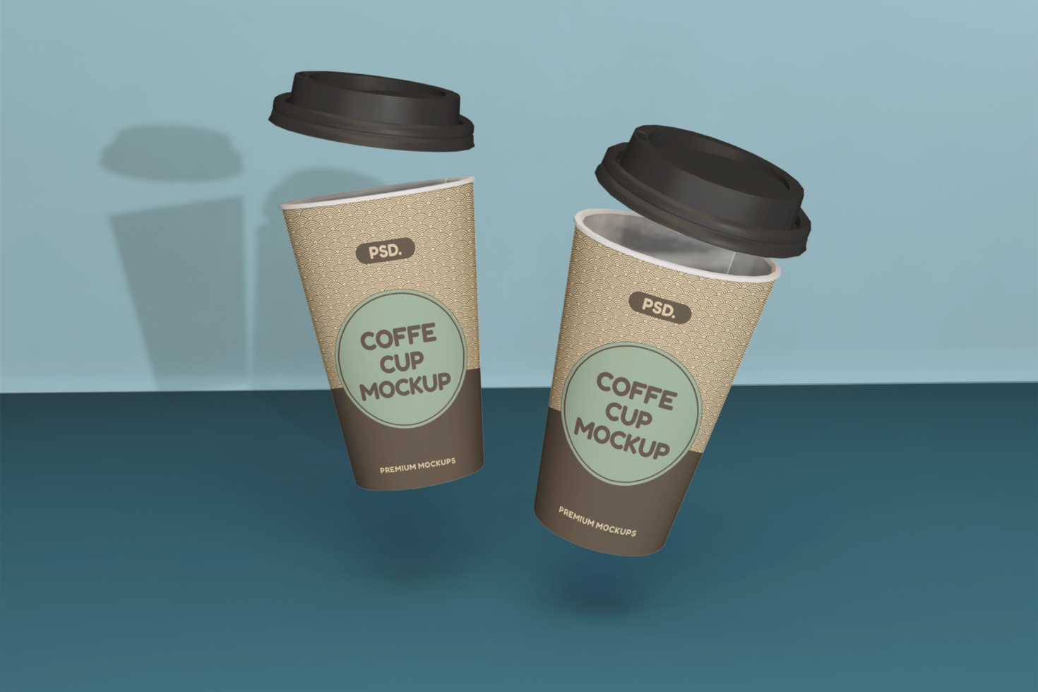 Coffee cups in gravity mockup psd