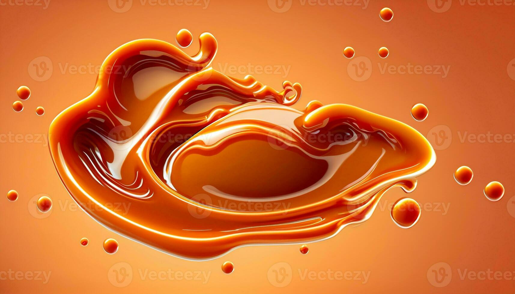 Delicious melted caramel texture. Flow, wave and drops splash caramels sauce. Sweet food design background. Generative AI photo