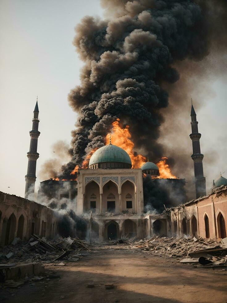 Mosque destroyed by missile attack, AI generated. photo