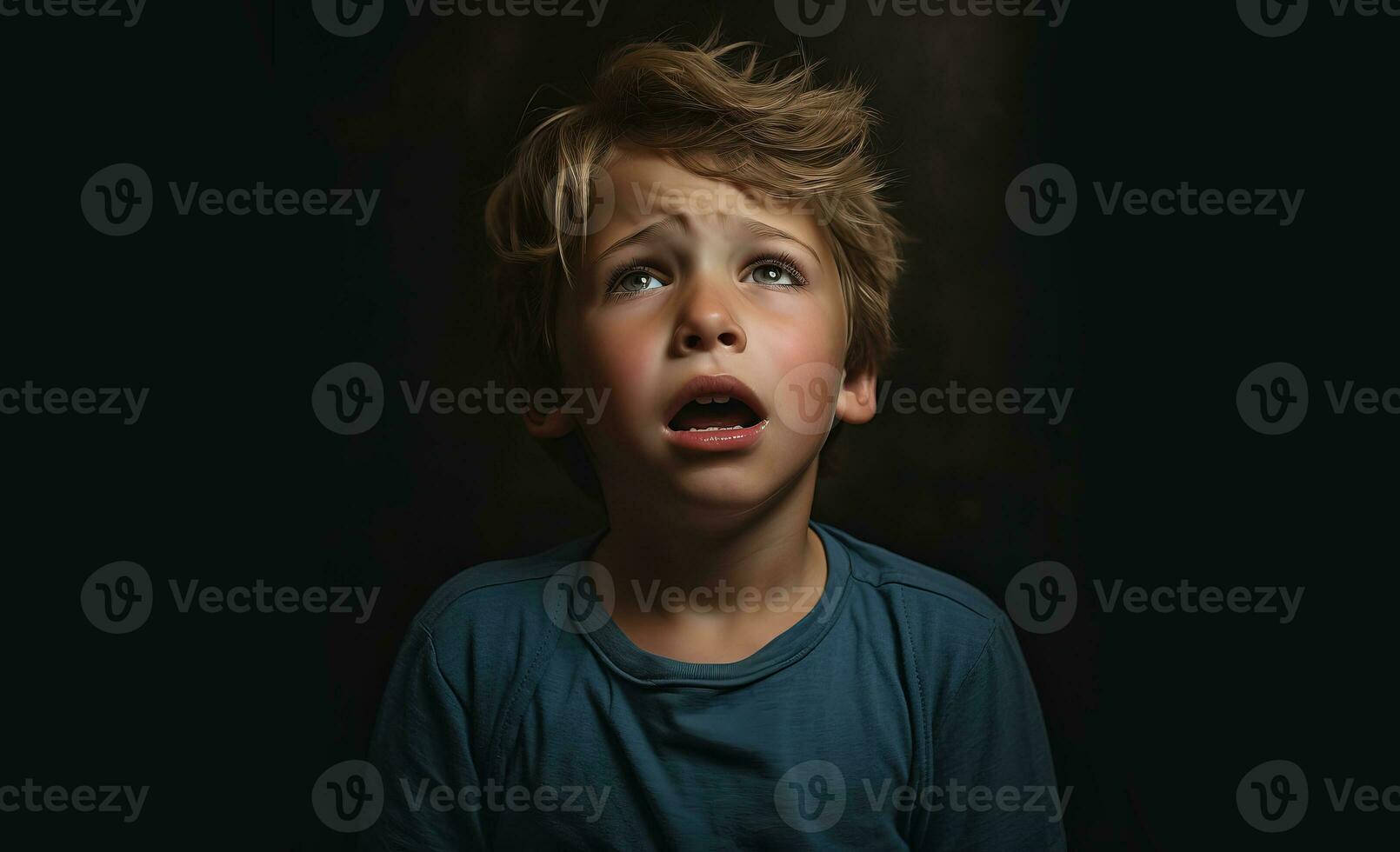 Portrait of a sad child on a dark background. Portrait of a young boy on a dark background. Emotions. AI Generated photo
