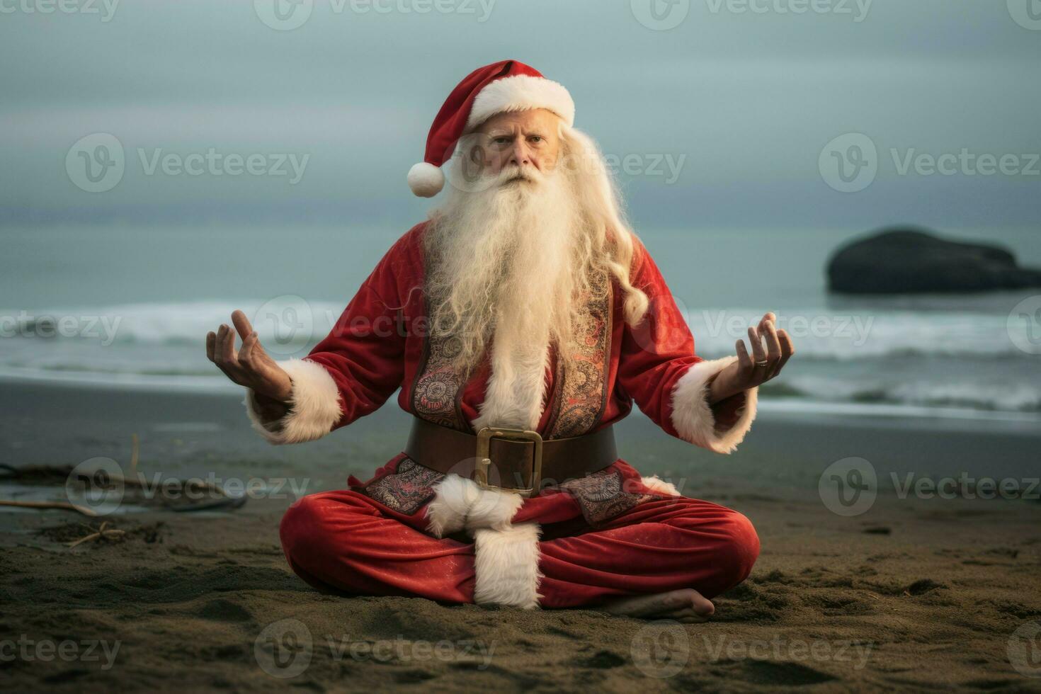Papa Noel claus en meditando yoga actitud en el playa. generar ai foto