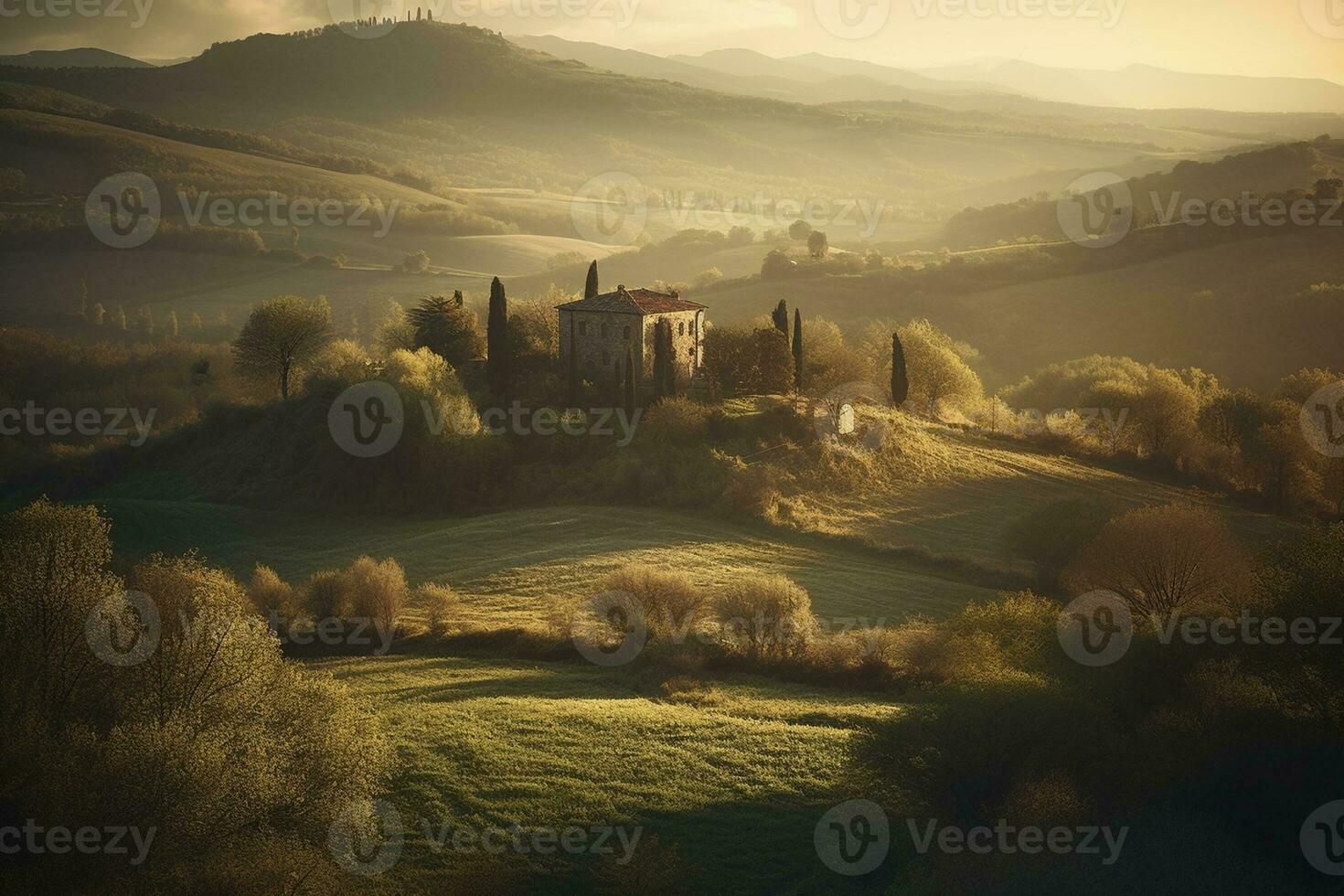 Tuscany landscape in sunset, created with generative AI photo