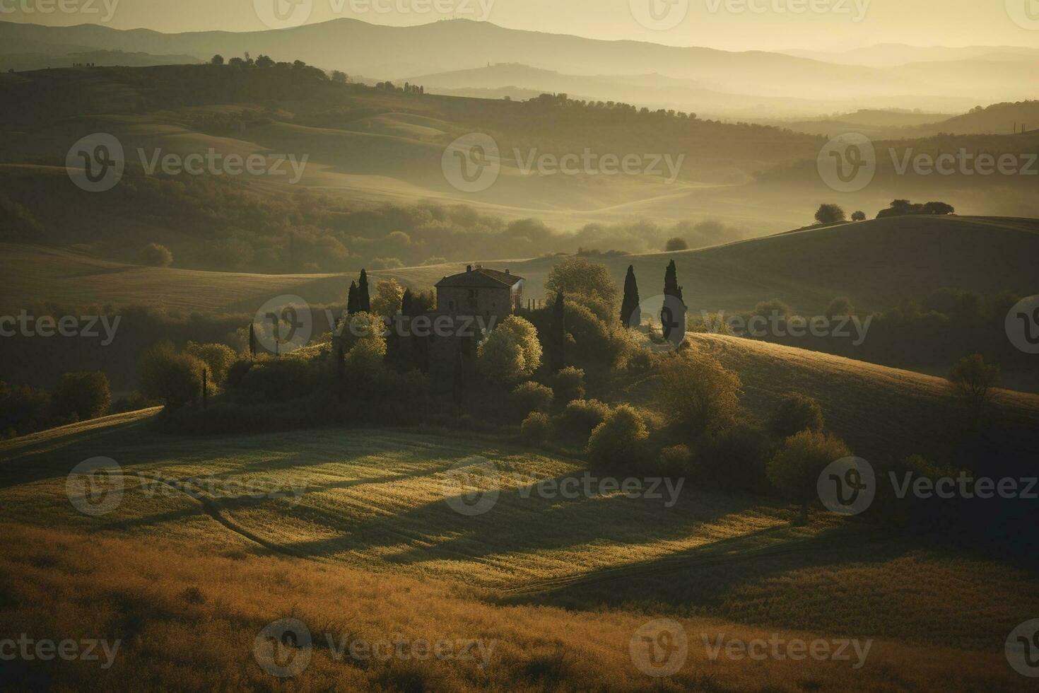 Tuscany landscape in sunset, created with generative AI photo