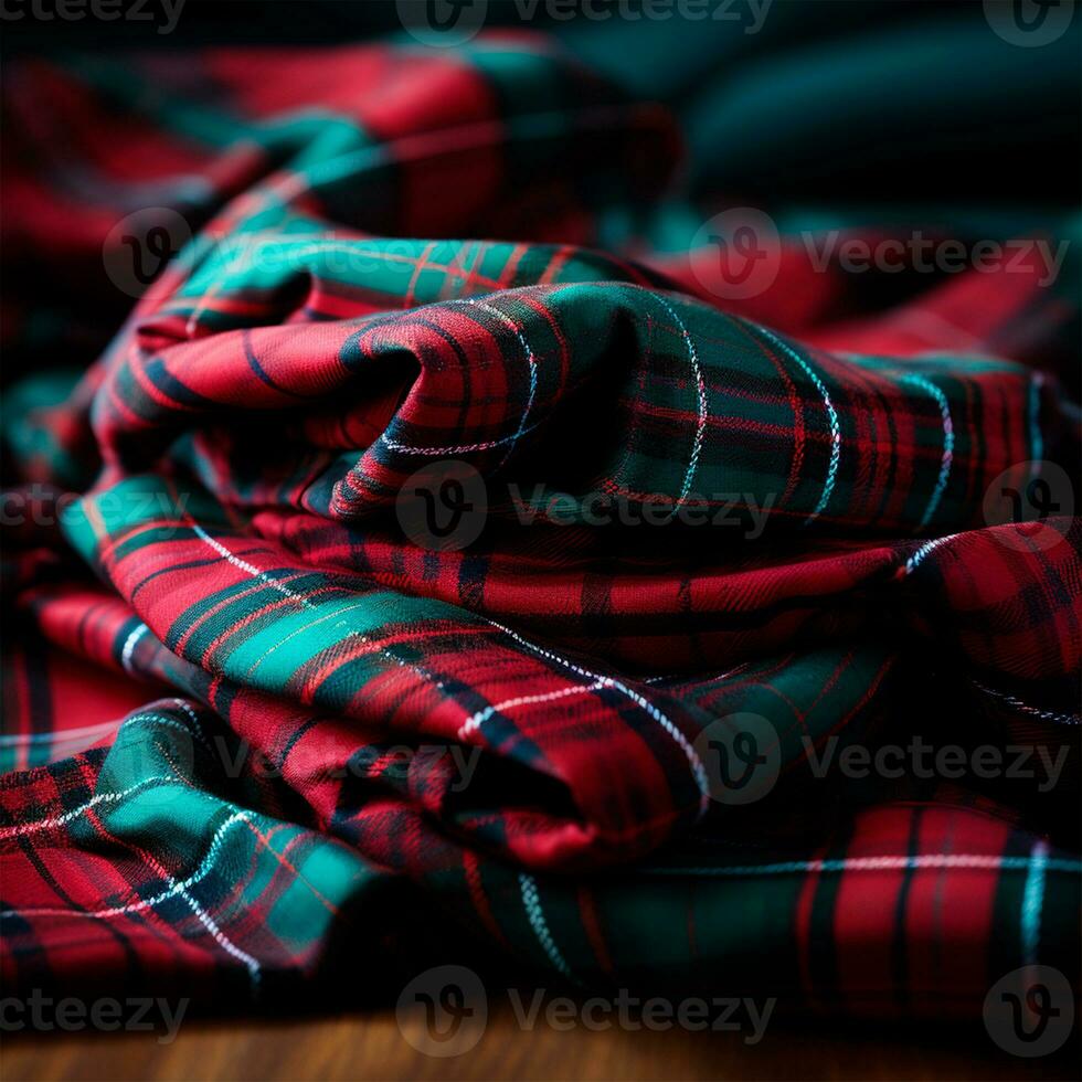 Texture of wrinkled, crumpled tartan fabric close-up, traditional Scottish clothing - AI generated image photo