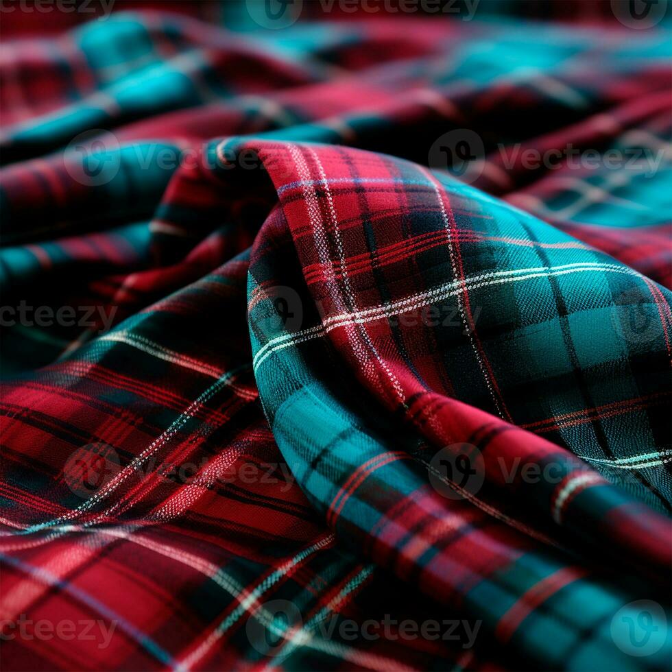 Texture of wrinkled, crumpled tartan fabric close-up, traditional Scottish clothing - AI generated image photo