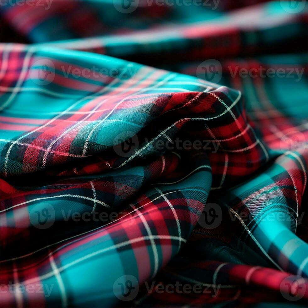 Texture of wrinkled, crumpled tartan fabric close-up, traditional Scottish clothing - AI generated image photo