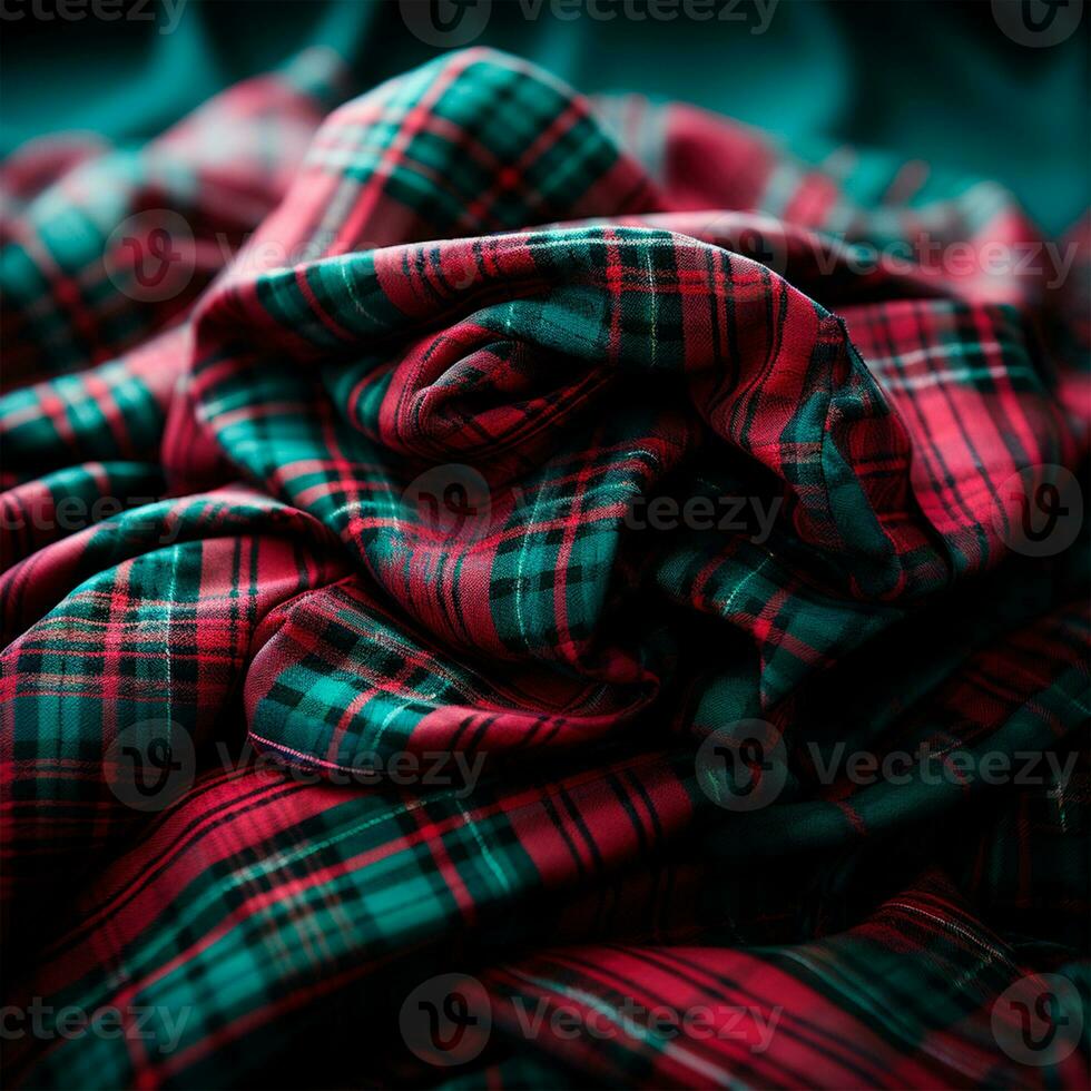 Texture of wrinkled, crumpled tartan fabric close-up, traditional Scottish clothing - AI generated image photo