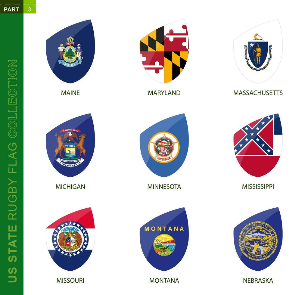 Rugby flag collection. Rugby icon with flag of 9 US states. vector