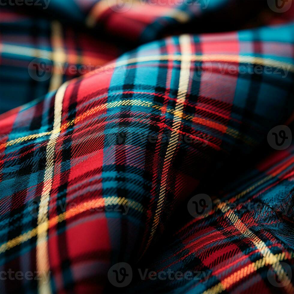 Texture of wrinkled, crumpled tartan fabric close-up, traditional Scottish clothing - AI generated image photo